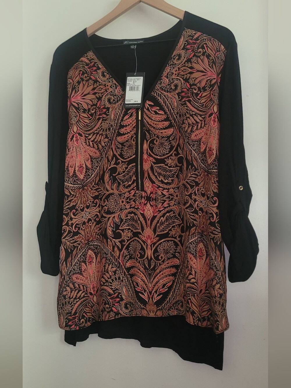 Adrianna Papell 1/4 Zip Blouse Womens Long Sleeve Top Size XL Floral